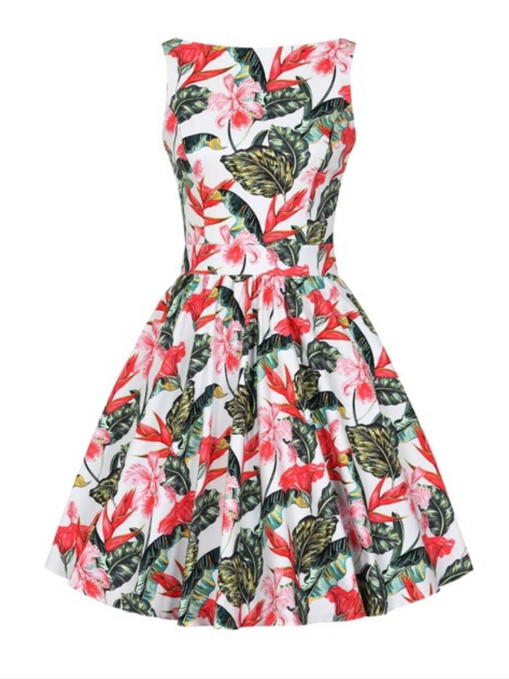 Lady V London Tropical Floral Fit-and-Flare Dress in White and Coral
